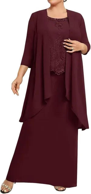 2 Piece Elegant Mother's Evening Gowns with Sleeves Formal Dresses Plus Size Mother of The Bride Dress with Jacket HD261