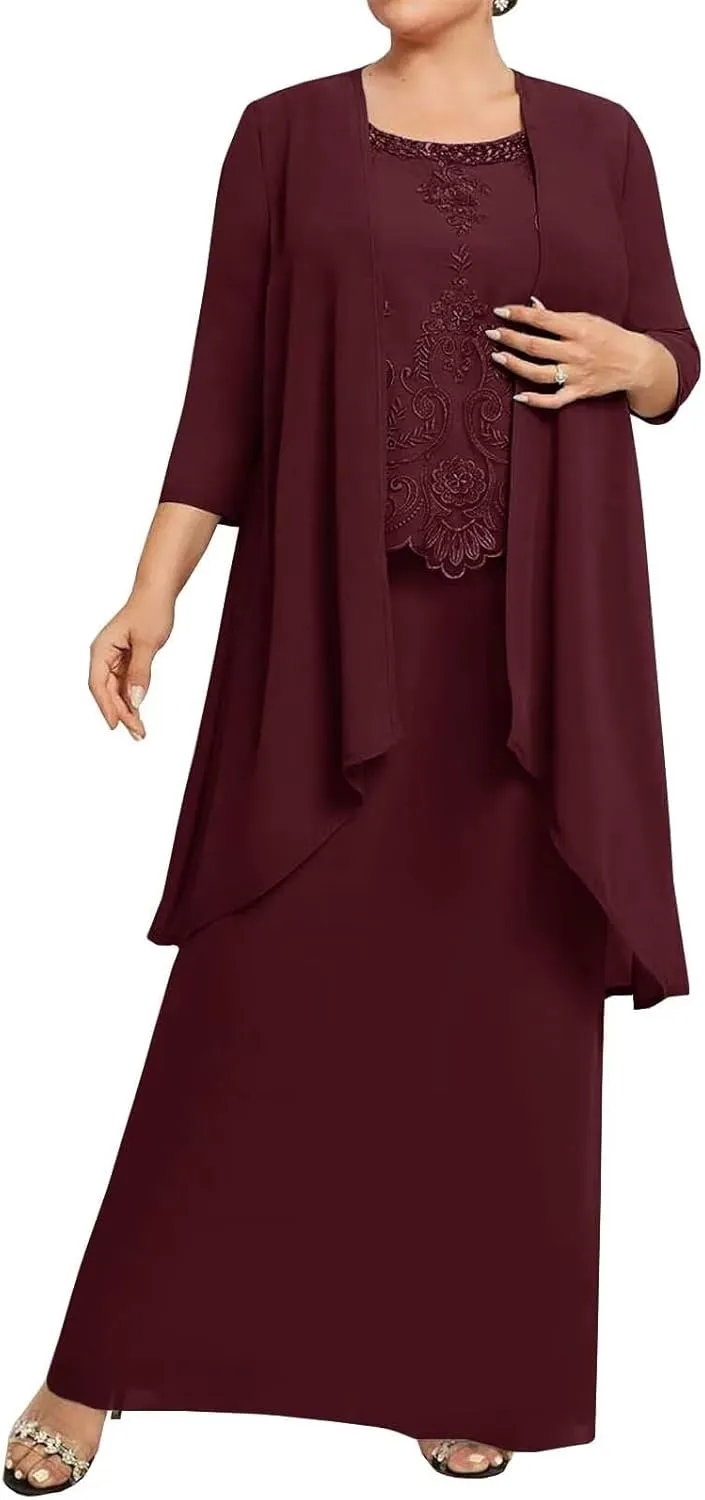 2 Piece Elegant Mother's Evening Gowns with Sleeves Formal Dresses Plus Size Mother of The Bride Dress with Jacket HD261