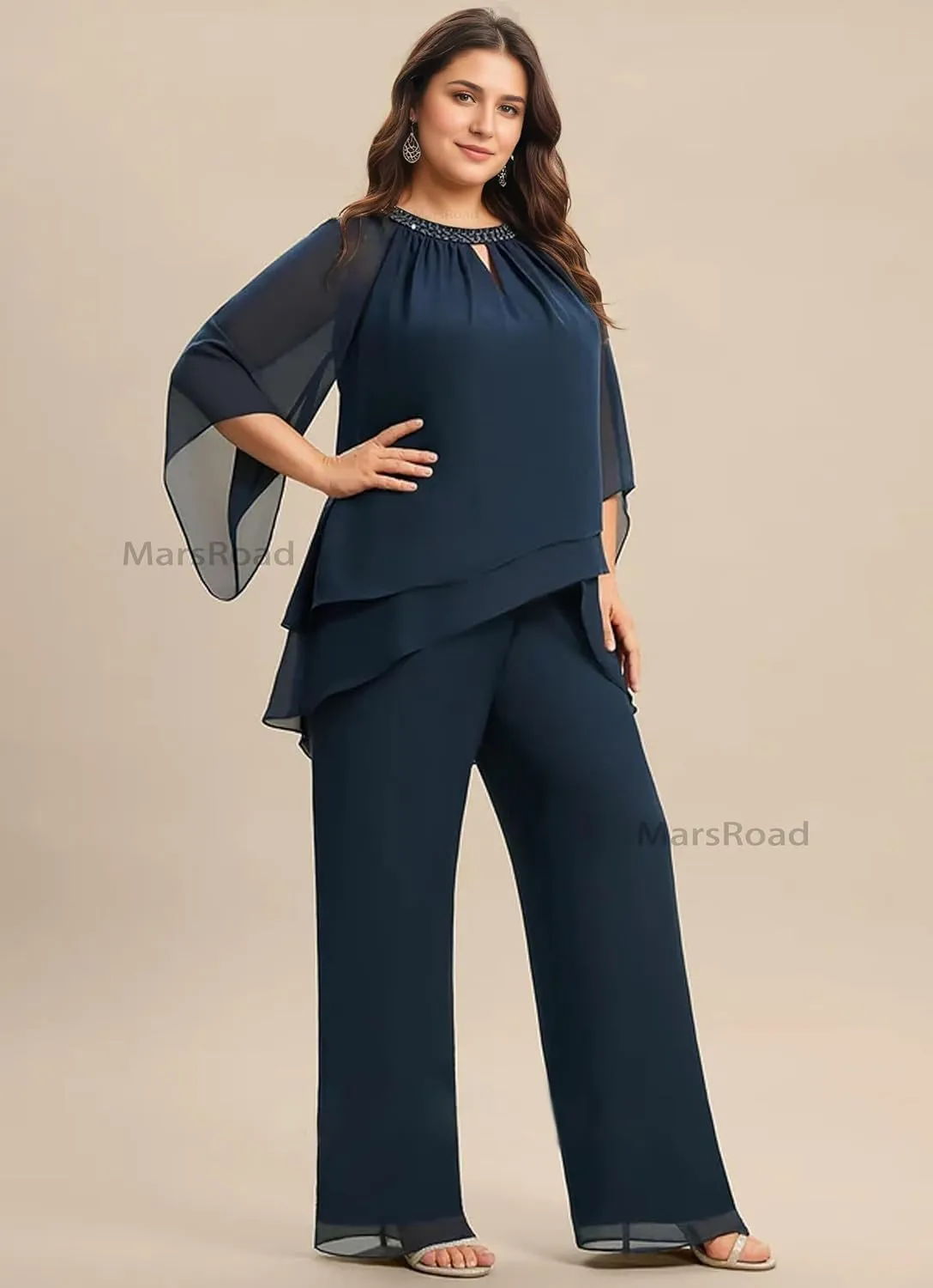 2 Piece Mother of The Bride Pant Suits for Wedding 3/4 Sleeve Chiffon Beading Sequins Tiered Formal Cocktail Outfit