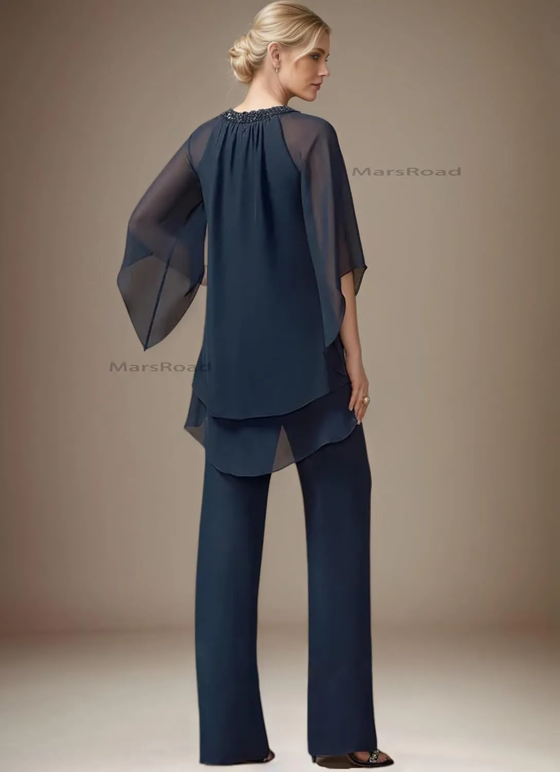 2 Piece Mother of The Bride Pant Suits for Wedding 3/4 Sleeve Chiffon Beading Sequins Tiered Formal Cocktail Outfit