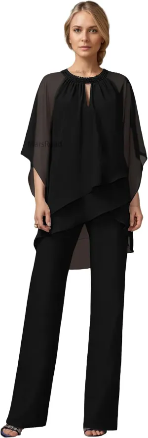 2 Piece Mother of The Bride Pant Suits for Wedding 3/4 Sleeve Chiffon Beading Sequins Tiered Formal Cocktail Outfit