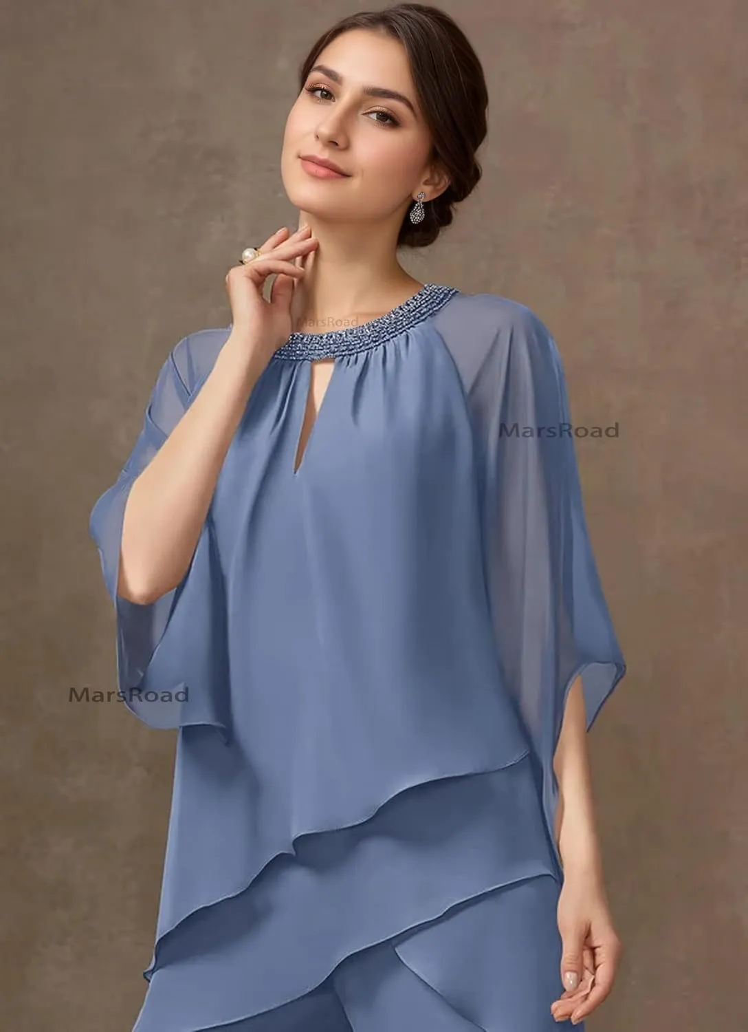 2 Piece Mother of The Bride Pant Suits for Wedding 3/4 Sleeve Chiffon Beading Sequins Tiered Formal Cocktail Outfit