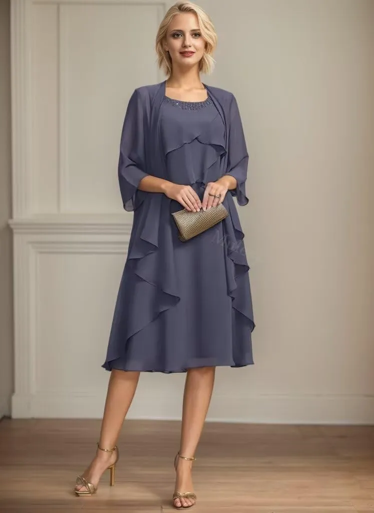 2 Pieces Mother of The Bride Dresses for Wedding Tiered Beaded Chiffon Midi Formal Evening Gowns with Jacket