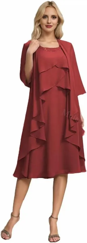 2 Pieces Mother of The Bride Dresses for Wedding Tiered Beaded Chiffon Midi Formal Evening Gowns with Jacket