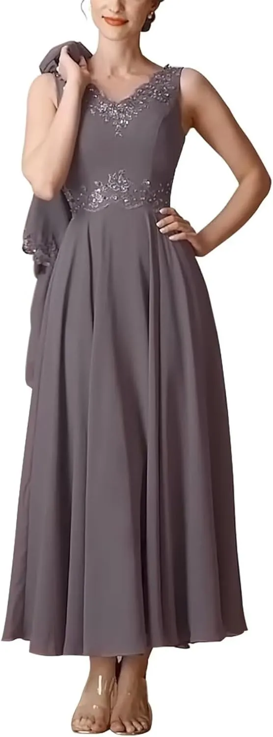 2 Pieces Mother of The Bride Dresses Tea Length Lace Appliques Mother of The Groom Dresses for Wedding