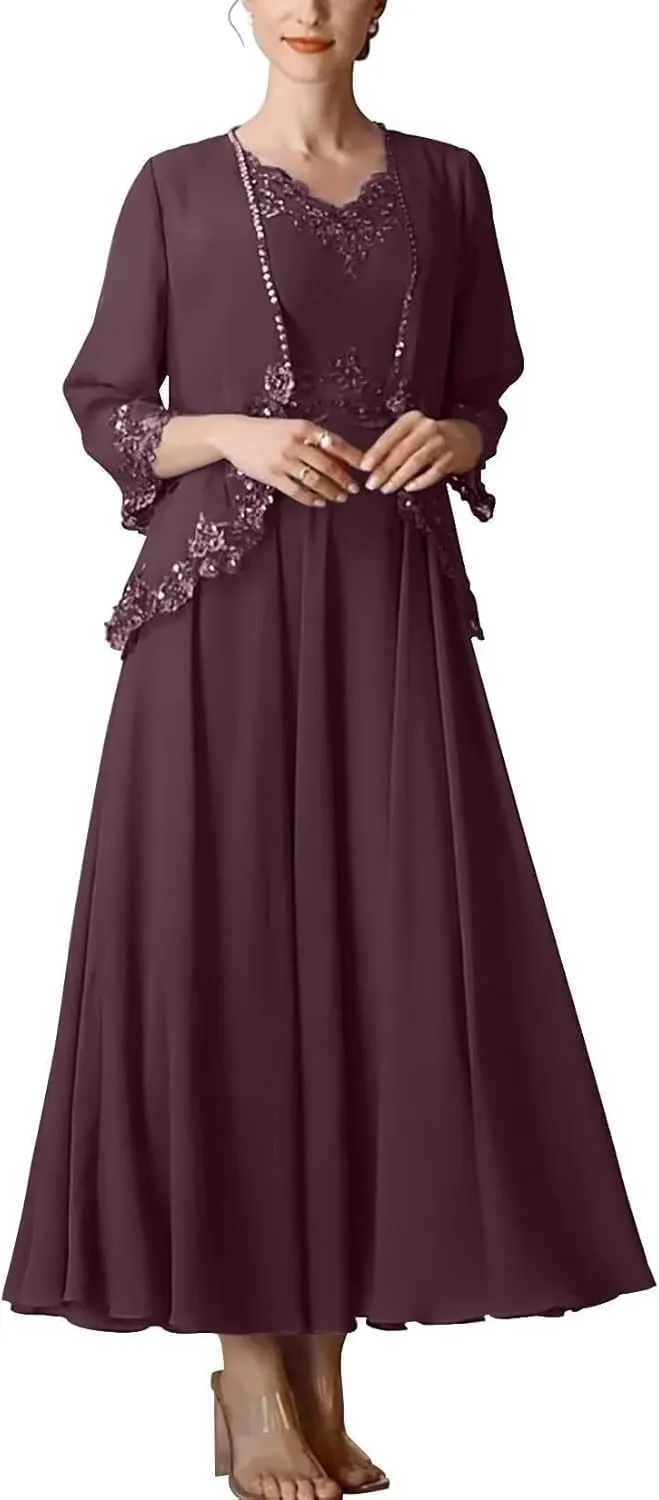 2 Pieces Mother of The Bride Dresses Tea Length Lace Appliques Mother of The Groom Dresses for Wedding