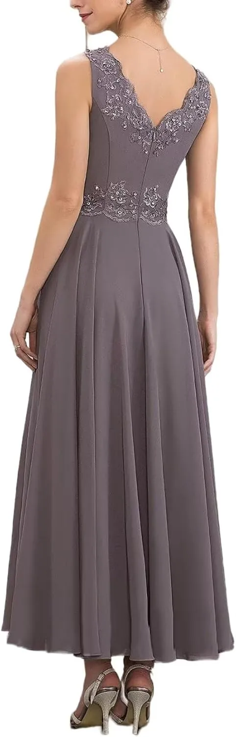 2 Pieces Mother of The Bride Dresses Tea Length Lace Appliques Mother of The Groom Dresses for Wedding