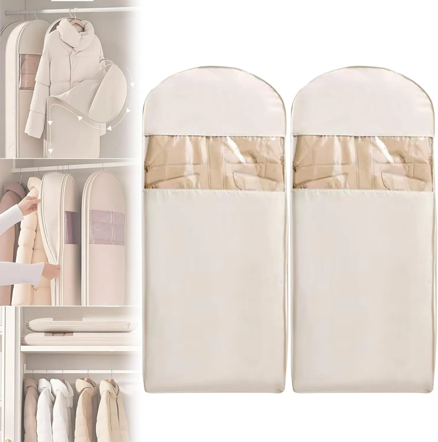 2 Pieces Space Saving Hanging Large Garment Bag, 51x23 in Dustproof Self-Compression Closet Organizers, Large Space-Saving Clothes Bags for Down Coat and Quilts