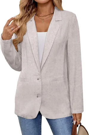 2025 Linen Blazers for Women Business Casual Long Sleeve Lapel Open Front Suit Jacket Work Blazer with Pockets