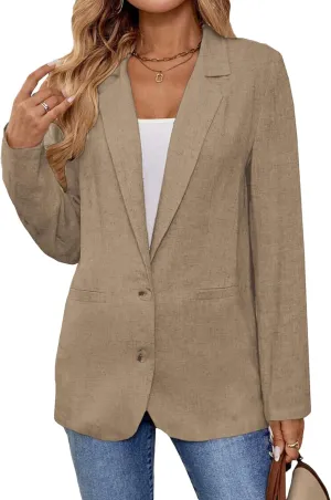 2025 Linen Blazers for Women Business Casual Long Sleeve Lapel Open Front Suit Jacket Work Blazer with Pockets