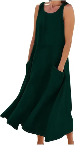 2025 Spring Long Dress for Women Sleeveless Round Neck Pleated Dress Ladies Solid Color Vacation Dresses with Pockets
