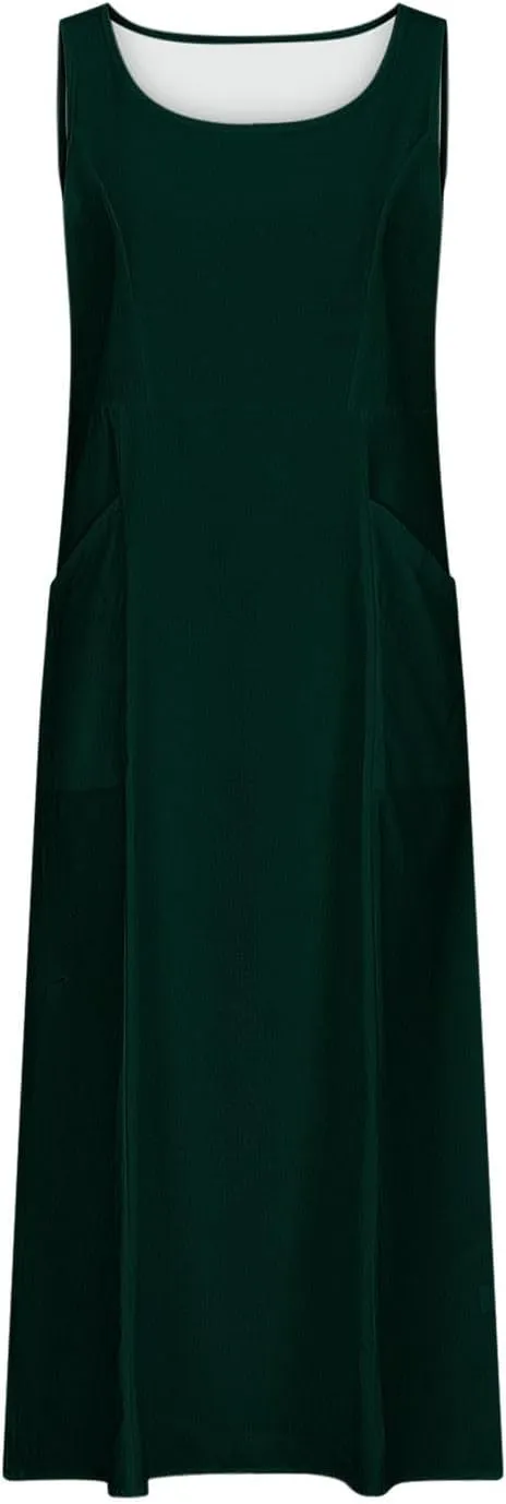 2025 Spring Long Dress for Women Sleeveless Round Neck Pleated Dress Ladies Solid Color Vacation Dresses with Pockets