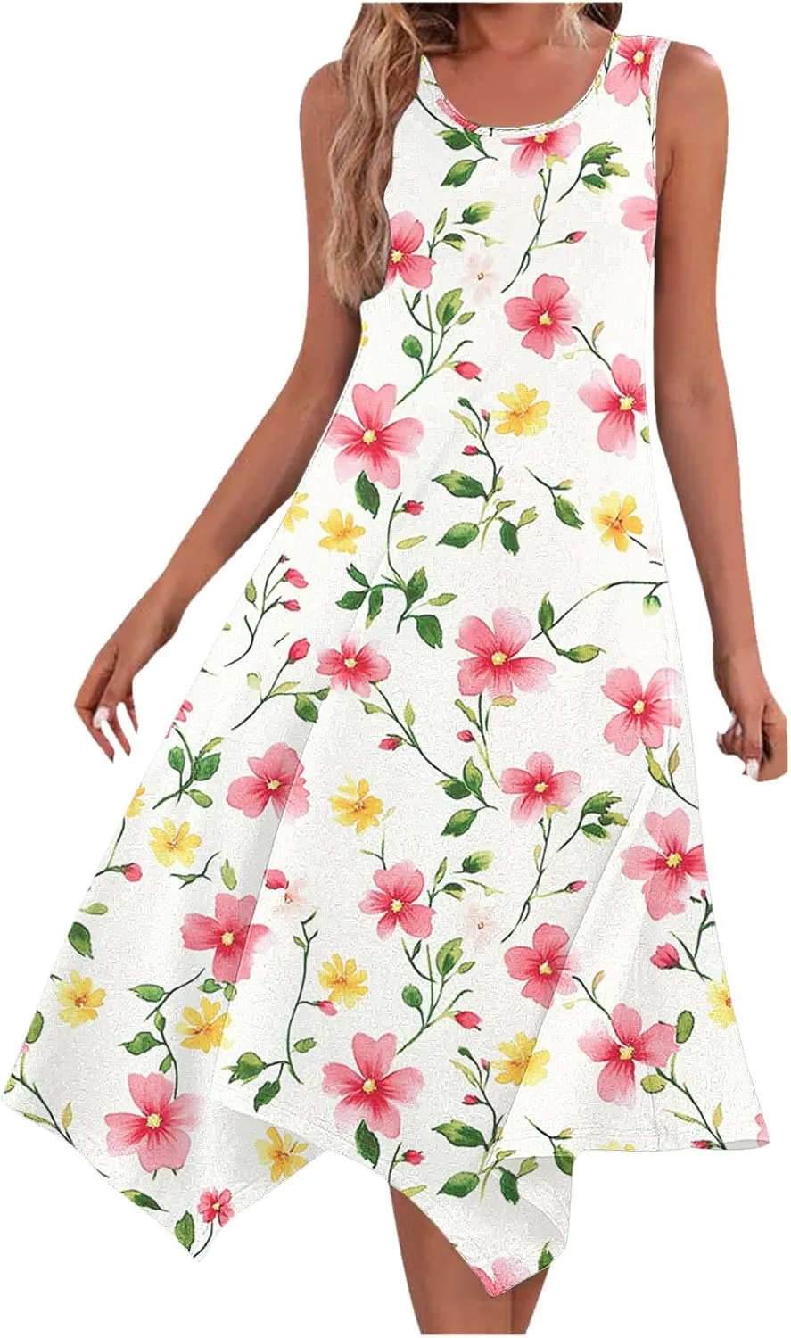 2025 Women Fashion Summer Dresses Floral Printed Round Neck Beach Dress Casual Flowy Loose Vacation Dresses