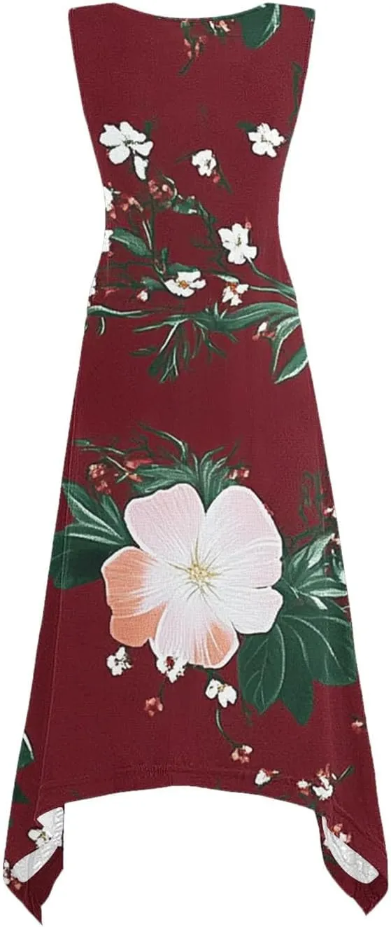 2025 Women Fashion Summer Dresses Floral Printed Round Neck Beach Dress Casual Flowy Loose Vacation Dresses