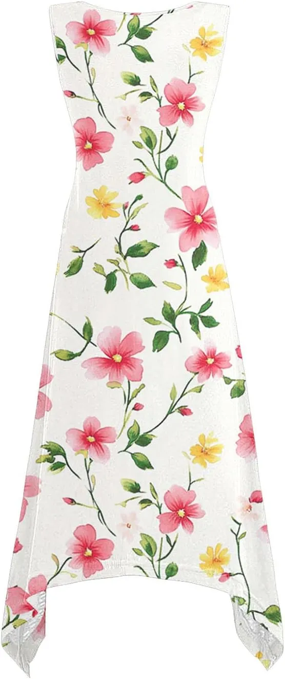 2025 Women Fashion Summer Dresses Floral Printed Round Neck Beach Dress Casual Flowy Loose Vacation Dresses