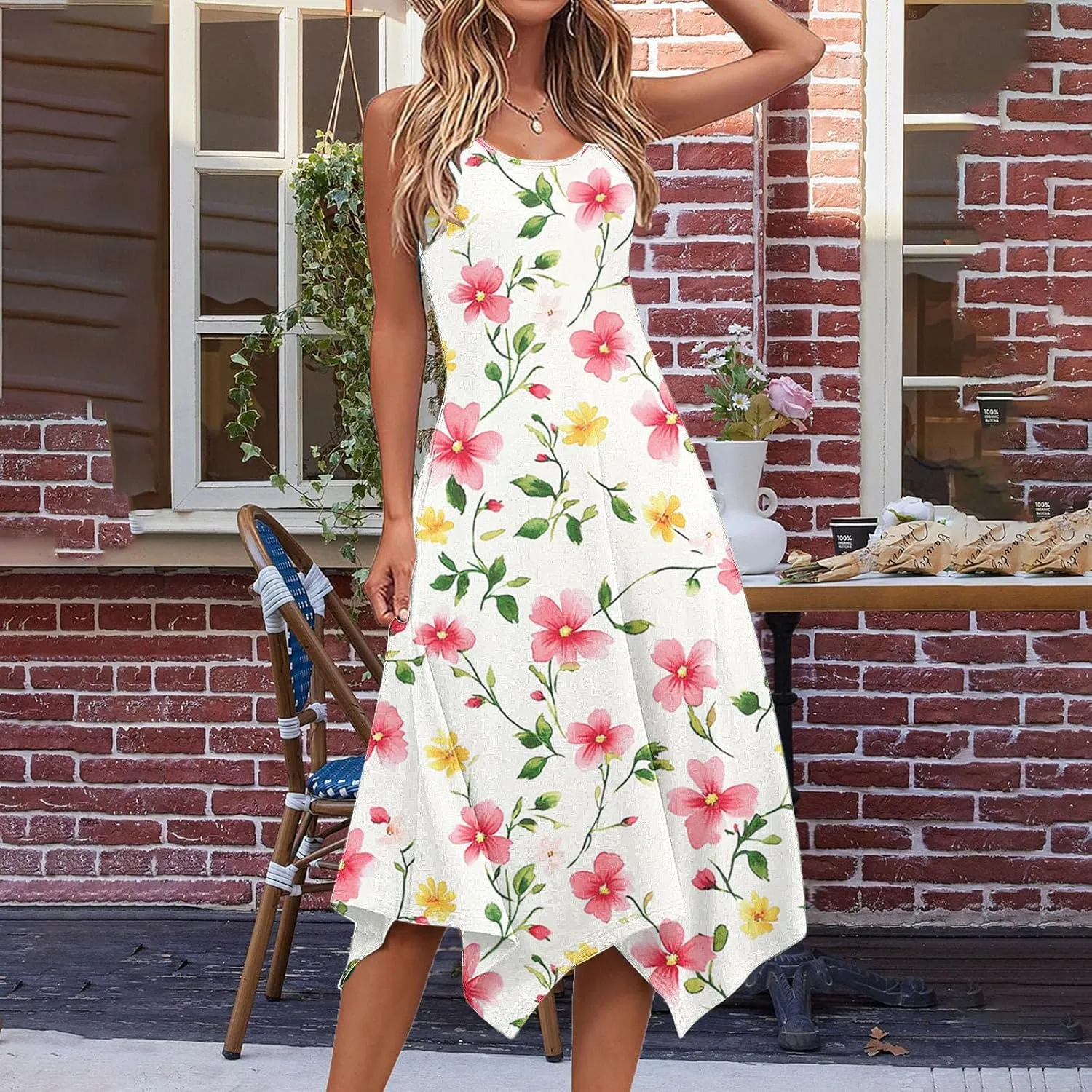 2025 Women Fashion Summer Dresses Floral Printed Round Neck Beach Dress Casual Flowy Loose Vacation Dresses
