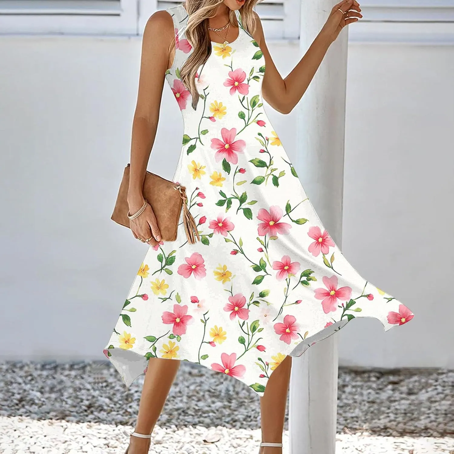 2025 Women Fashion Summer Dresses Floral Printed Round Neck Beach Dress Casual Flowy Loose Vacation Dresses