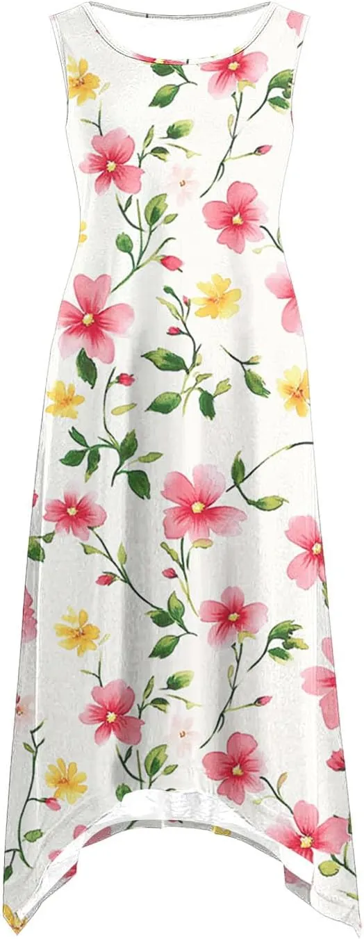 2025 Women Fashion Summer Dresses Floral Printed Round Neck Beach Dress Casual Flowy Loose Vacation Dresses