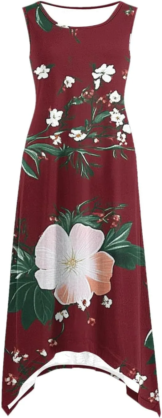 2025 Women Fashion Summer Dresses Floral Printed Round Neck Beach Dress Casual Flowy Loose Vacation Dresses