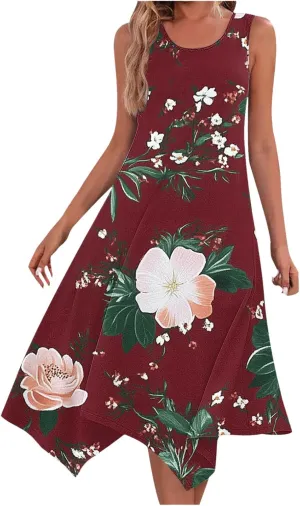 2025 Women Fashion Summer Dresses Floral Printed Round Neck Beach Dress Casual Flowy Loose Vacation Dresses