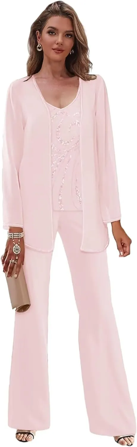 3 Pieces Beaded Mother of The Pant Suits for Wedding with Jacket Chiffon Pantsuits for Women Dressy