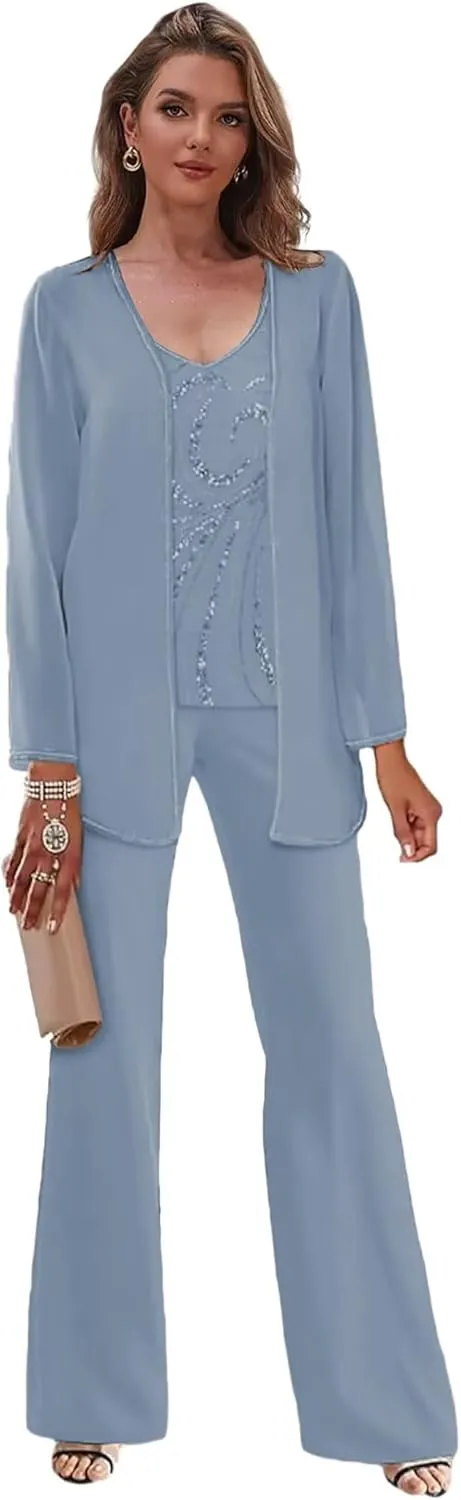 3 Pieces Beaded Mother of The Pant Suits for Wedding with Jacket Chiffon Pantsuits for Women Dressy