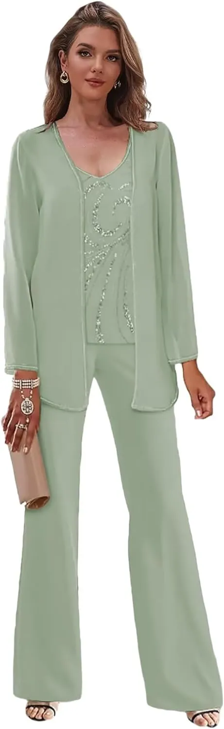 3 Pieces Beaded Mother of The Pant Suits for Wedding with Jacket Chiffon Pantsuits for Women Dressy