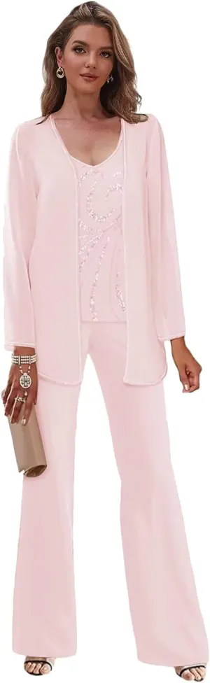 3 Pieces Beaded Mother of The Pant Suits for Wedding with Jacket Chiffon Pantsuits for Women Dressy