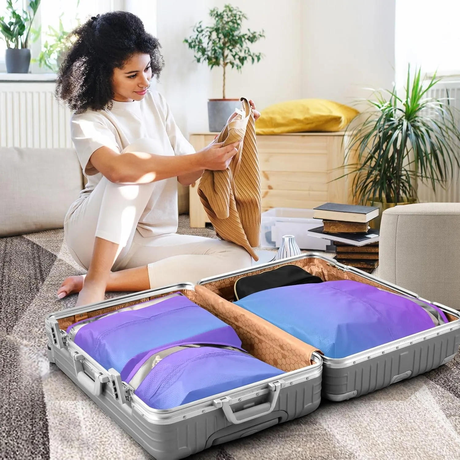 3 Set Travel Packing Cubes For Suitcases, Blue Purple Gradient, Stackable, Garment Bag Closet Storage, Luggage Space Saver, Luggages Management Personnel