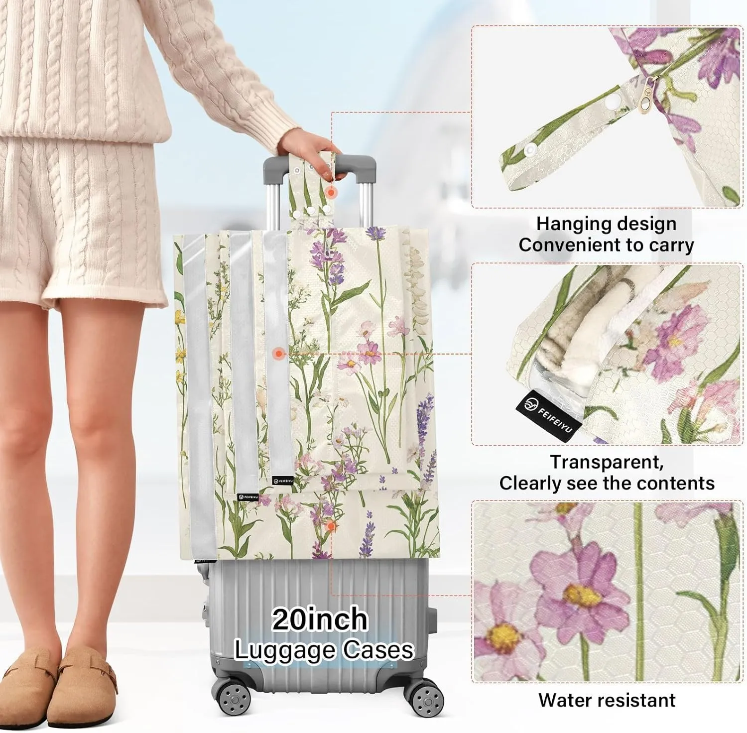 3 Set Travel Packing Cubes For Suitcases, Spring Flowers Lavender Daisy Lily Beige, Stackable, Garment Bag Closet Storage, Luggage Space Saver, Luggages Management Personnel