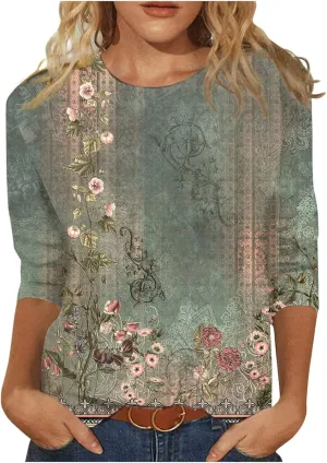 3/4 Length Sleeve Womens Tops 2025 Summer Round Neck Shirts Three Quarter Sleeve Tshirts