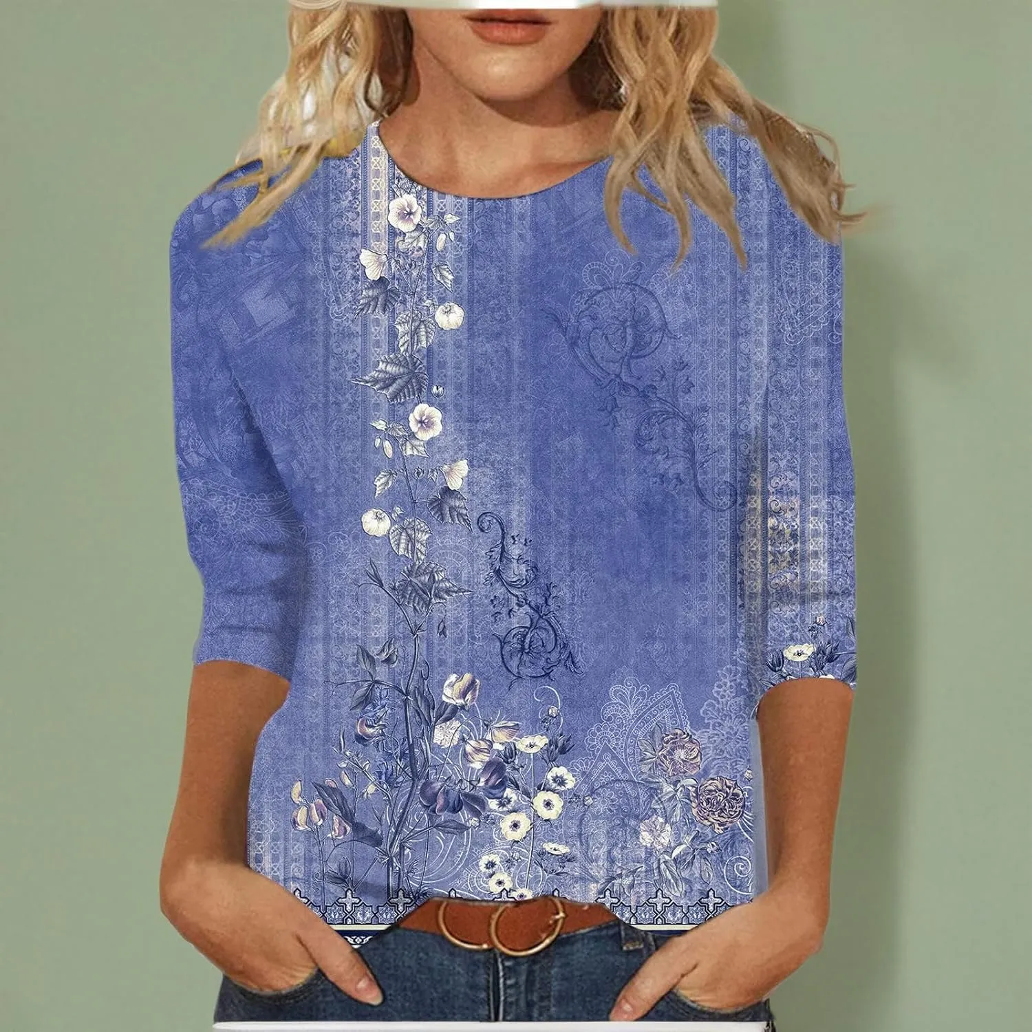 3/4 Length Sleeve Womens Tops 2025 Summer Round Neck Shirts Three Quarter Sleeve Tshirts