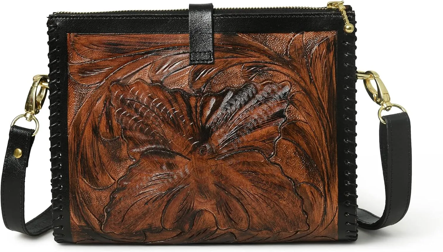 ADYAN Western Leather Crossbody Bags for Women Sling Bag Satchel Hand-tooled Floral Carving Girl Purse for stylish look
