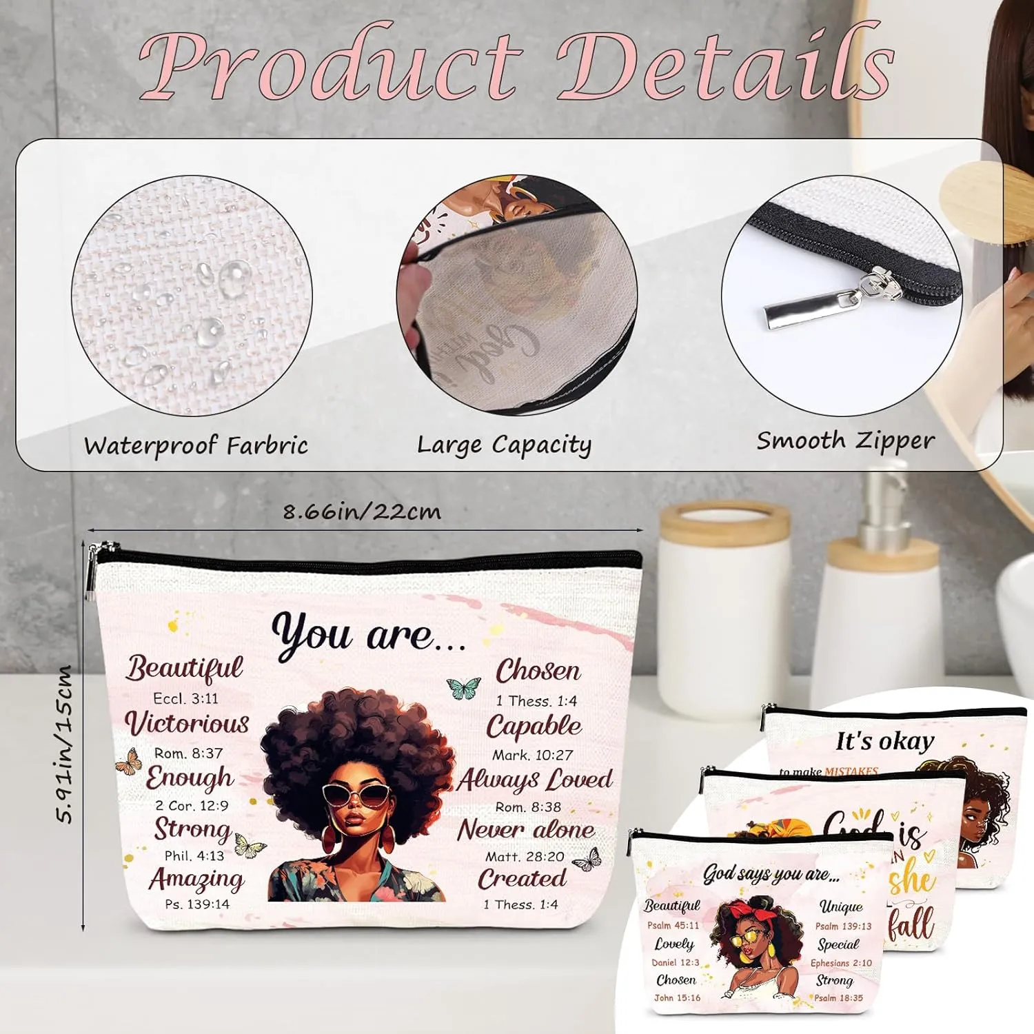 African American Makeup Bags - 4Pcs Inspirational Gifts for Black Women, Afro Queen Cosmetic Toiletry Bags with Zipper Pouch Organizer, Black Girls Owned Gifts for Friends Sisters Mom