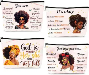 African American Makeup Bags - 4Pcs Inspirational Gifts for Black Women, Afro Queen Cosmetic Toiletry Bags with Zipper Pouch Organizer, Black Girls Owned Gifts for Friends Sisters Mom