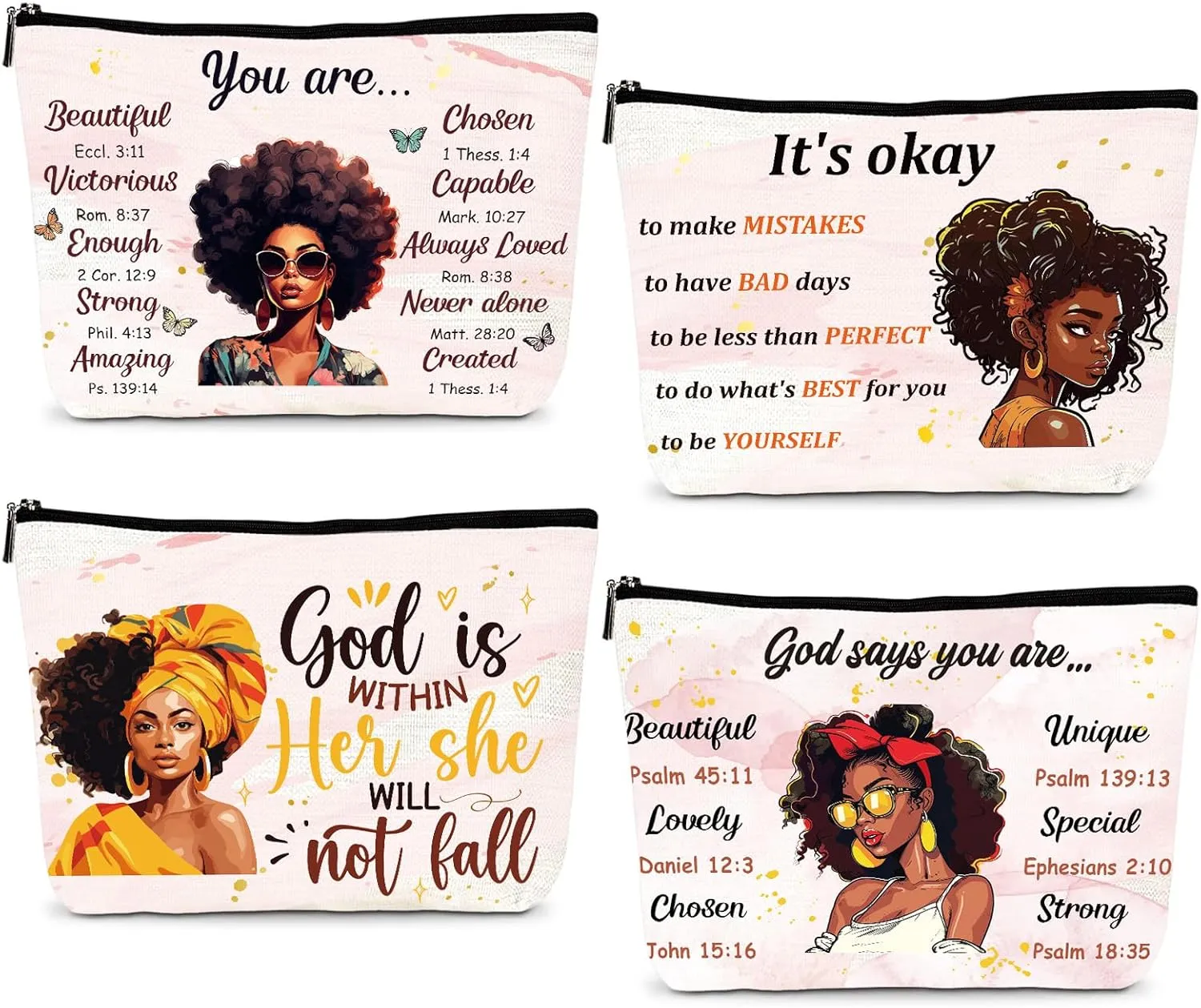 African American Makeup Bags - 4Pcs Inspirational Gifts for Black Women, Afro Queen Cosmetic Toiletry Bags with Zipper Pouch Organizer, Black Girls Owned Gifts for Friends Sisters Mom