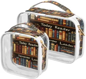ALAZA Bookworm Bookshelf Vintage Quotes Stylish 2 Pcs Storage Bags Zippered Organizers Cosmetics Travel Case Toiletry Bag Transparent Tote Bags