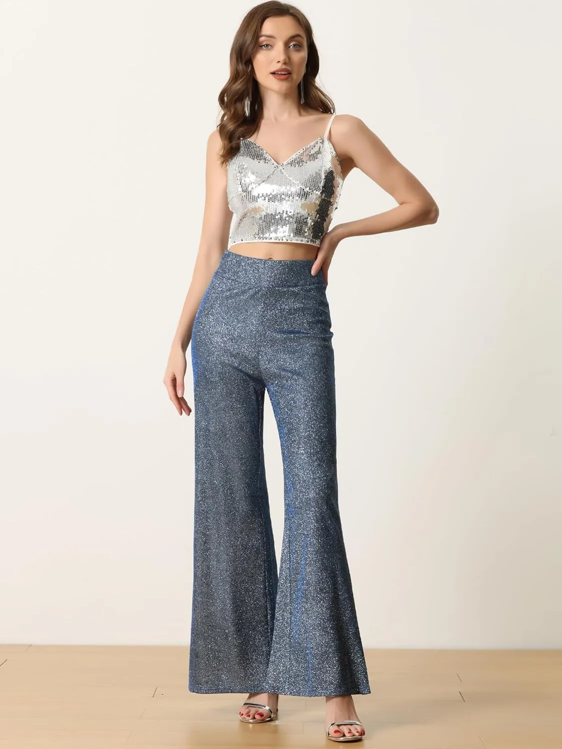 Allegra K Women's Sparkly Glitter Pants Wide Leg Palazzo Pants Shiny Party High Waist Trousers