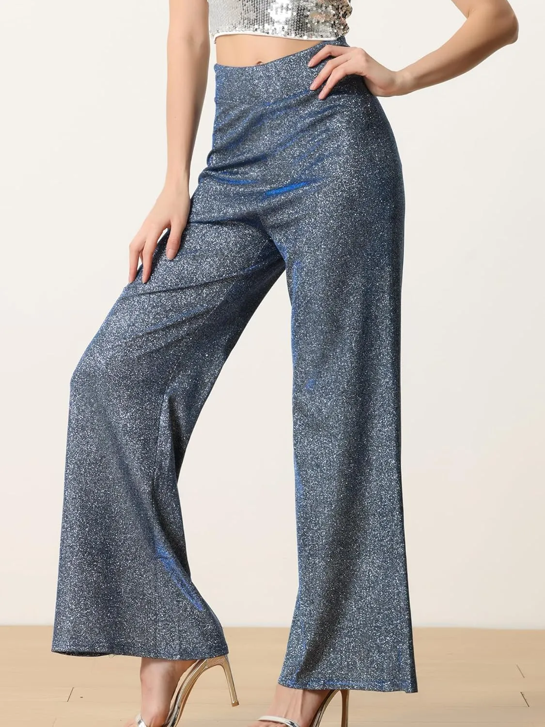 Allegra K Women's Sparkly Glitter Pants Wide Leg Palazzo Pants Shiny Party High Waist Trousers