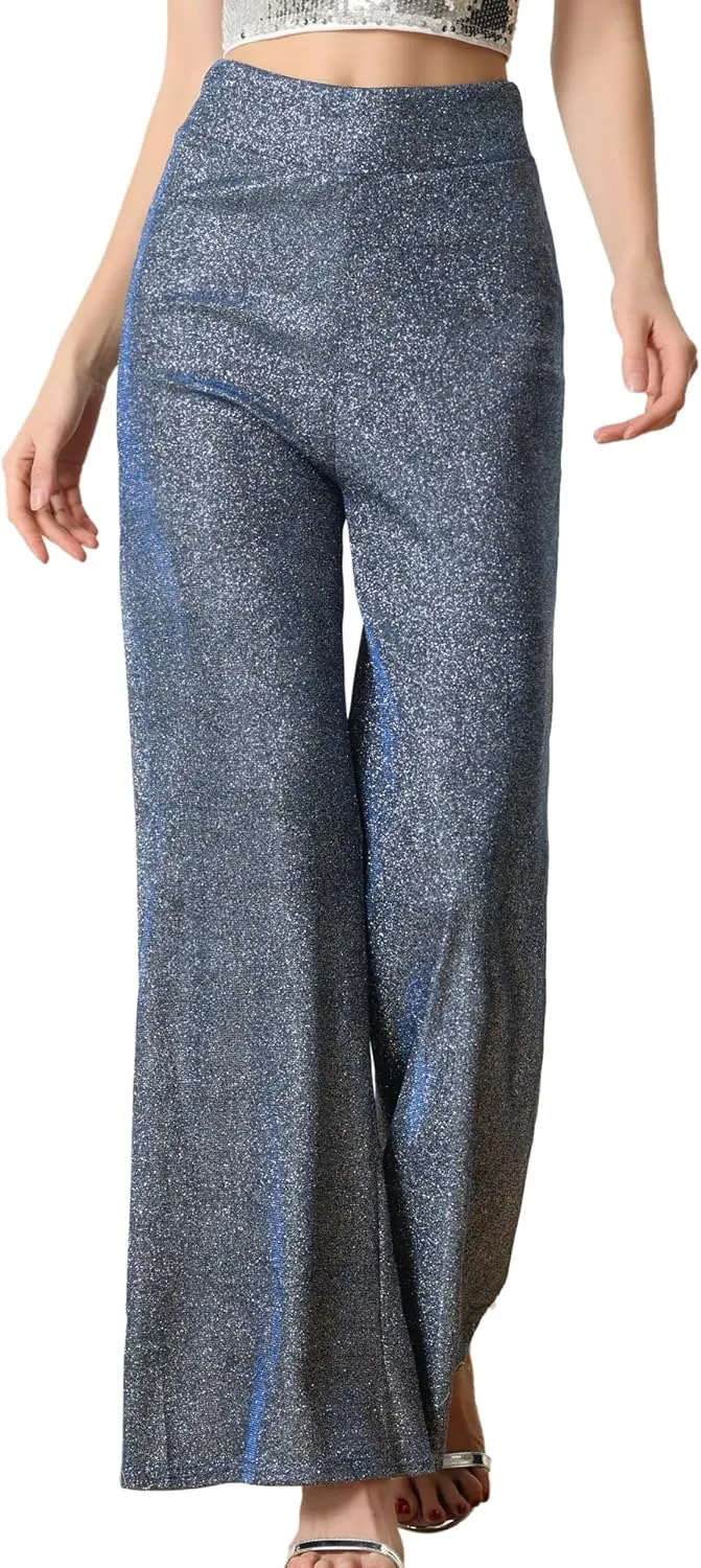Allegra K Women's Sparkly Glitter Pants Wide Leg Palazzo Pants Shiny Party High Waist Trousers