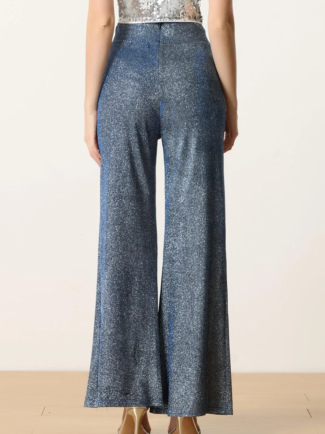 Allegra K Women's Sparkly Glitter Pants Wide Leg Palazzo Pants Shiny Party High Waist Trousers