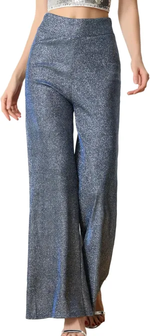 Allegra K Women's Sparkly Glitter Pants Wide Leg Palazzo Pants Shiny Party High Waist Trousers