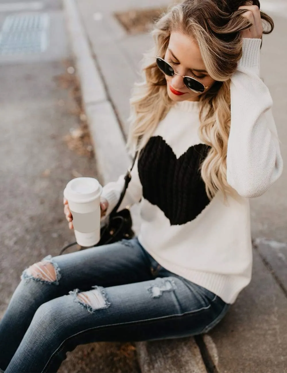 Alsol Lamesa Women's Cute Heart Sweater Long Sleeve Crewneck Pullover Ribbed Knit Casual Sweaters