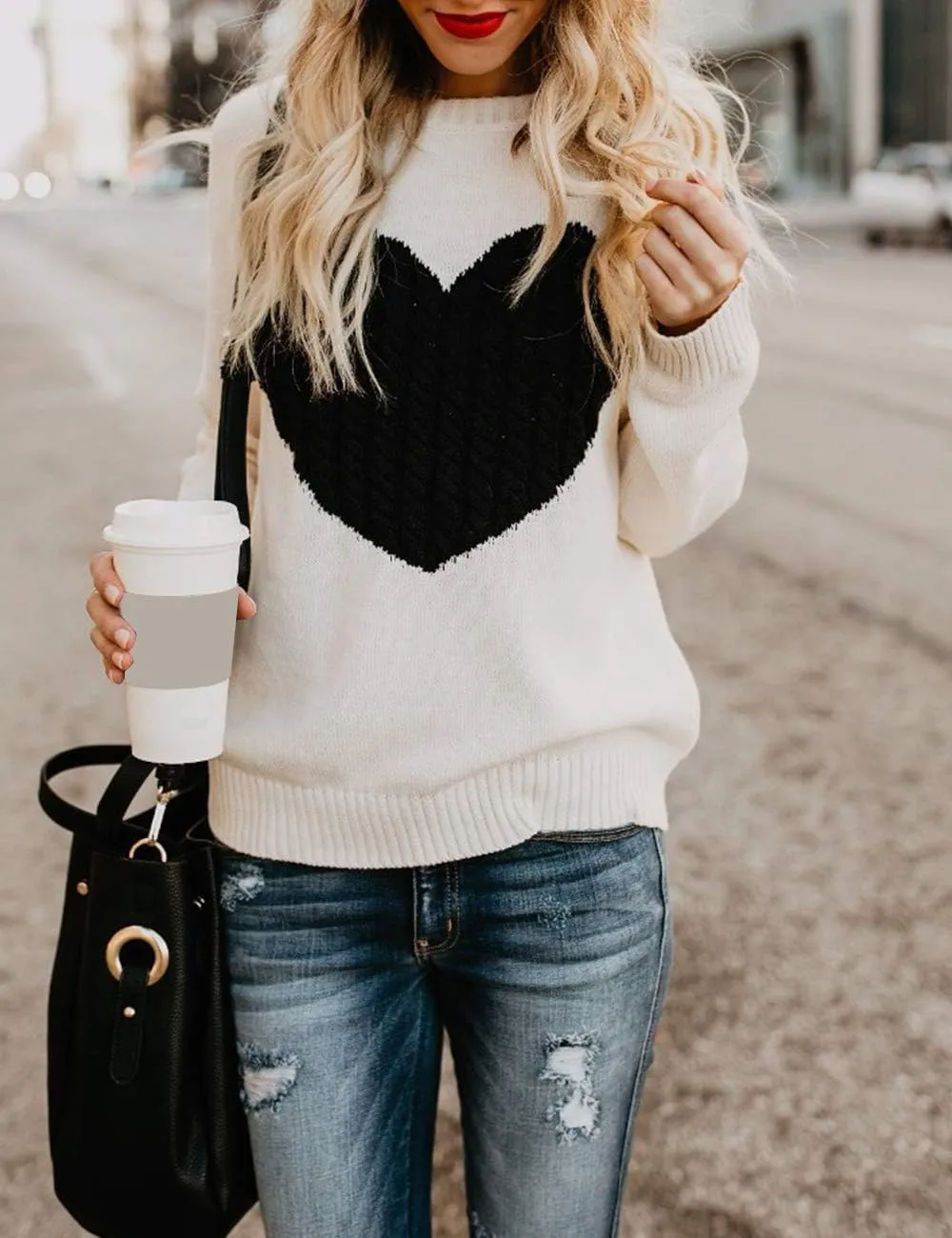 Alsol Lamesa Women's Cute Heart Sweater Long Sleeve Crewneck Pullover Ribbed Knit Casual Sweaters