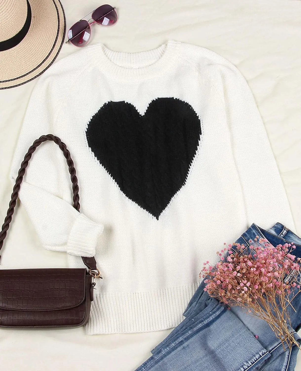 Alsol Lamesa Women's Cute Heart Sweater Long Sleeve Crewneck Pullover Ribbed Knit Casual Sweaters