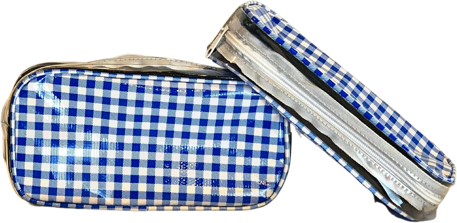 Alux 3-Pc Travel Makeup Bags for Women; Multi-Color, Chic and Stylish Travel Toiletry Bag Set; Large and Medium Makeup Bags for Vanity and Luggage and Small Makeup Bag for Purse - Gingham Blue
