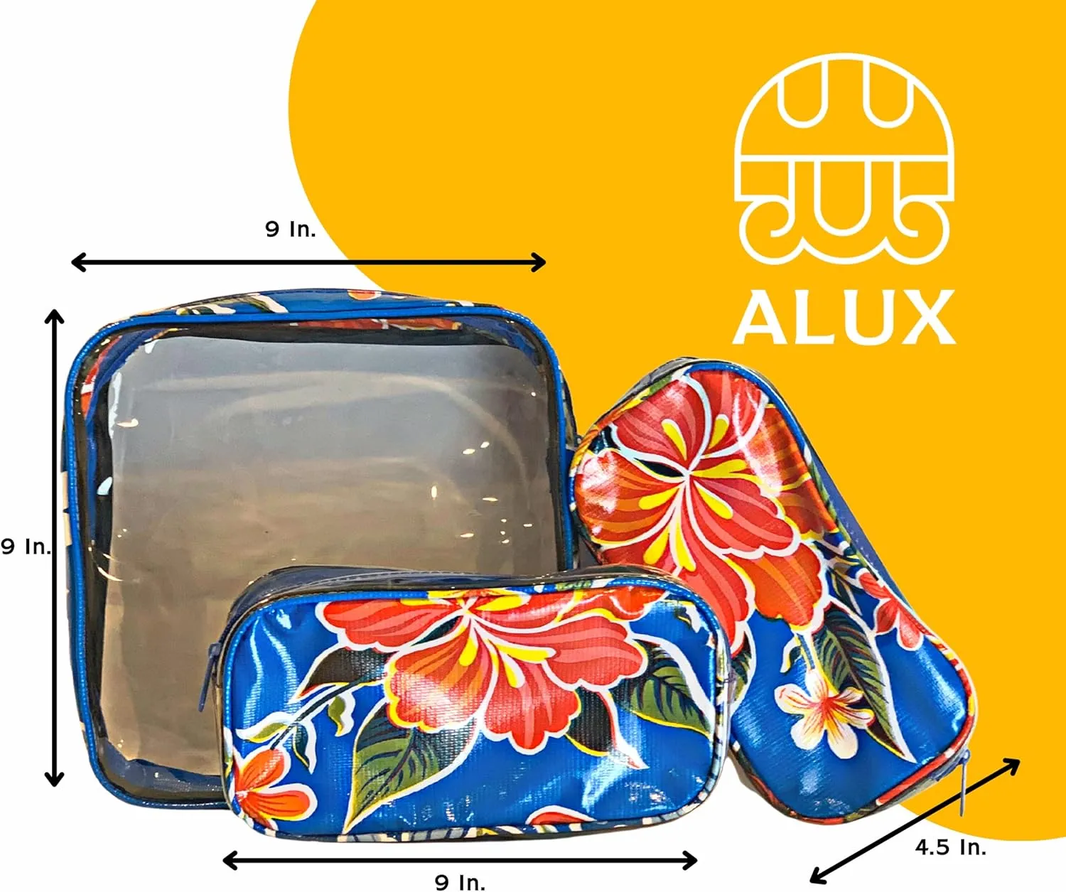 Alux 3-Pc Travel Makeup Bags for Women; Multi-Color, Chic and Stylish Travel Toiletry Bag Set; Large and Medium Makeup Bags for Vanity and Luggage and Small Makeup Bag for Purse - Hibiscus Blue