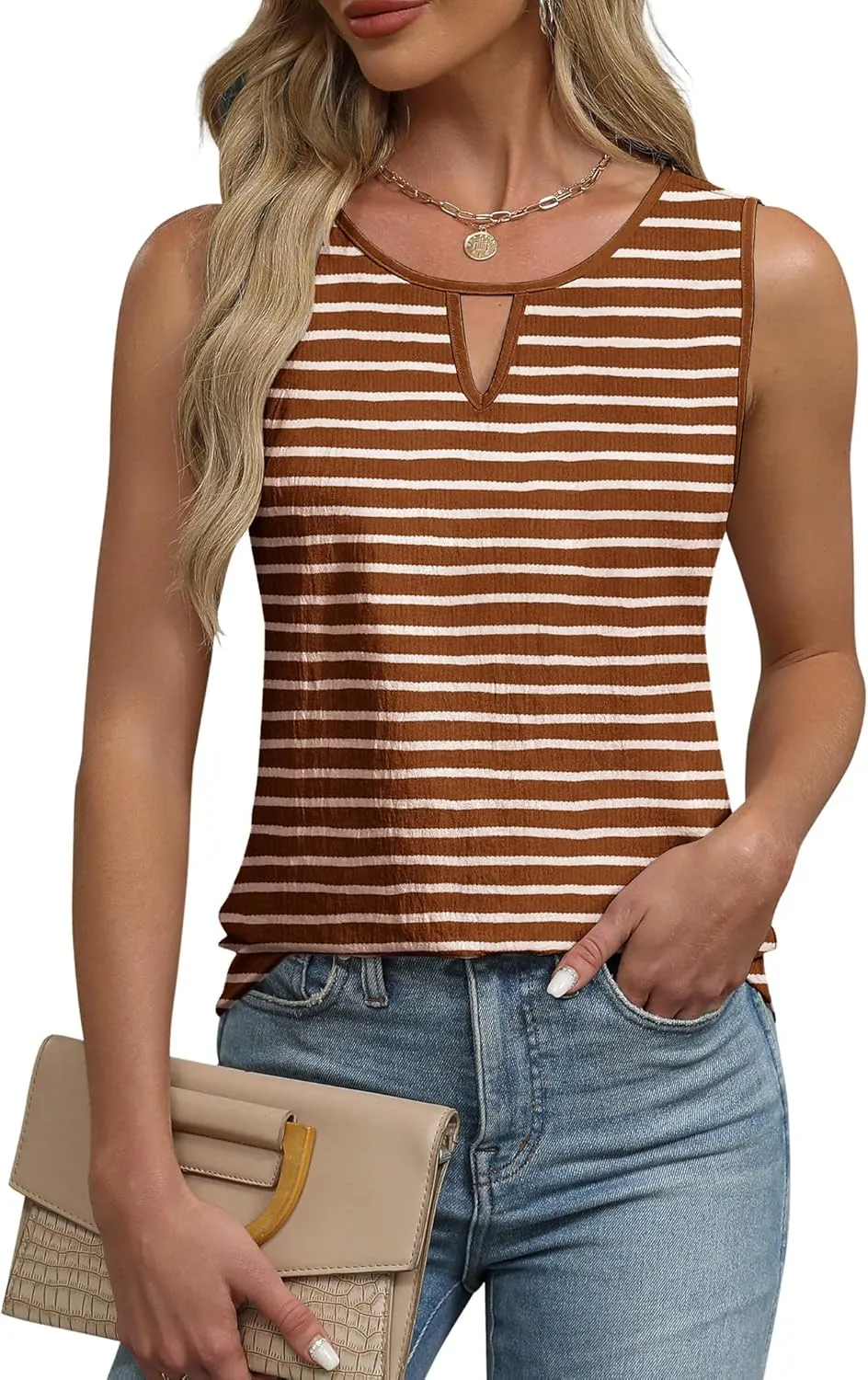 Anbech Women's Sleeveless Tank Tops Striped Print Summer Vest Casual Basic Tshirt