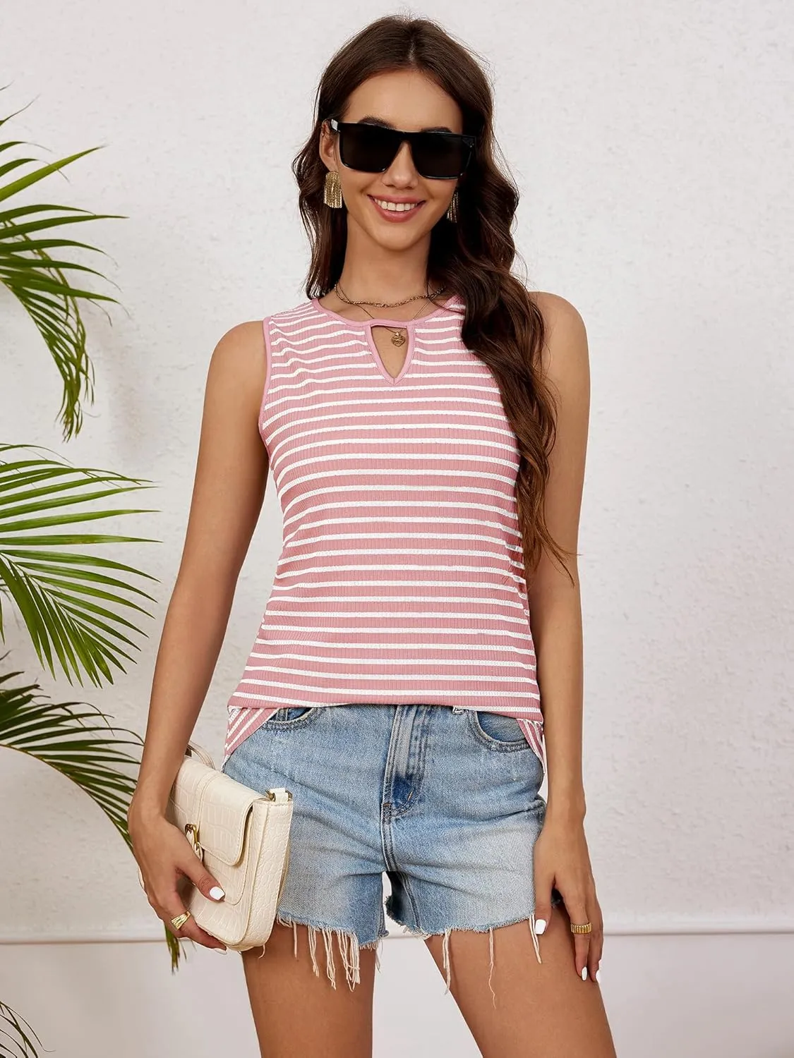 Anbech Women's Sleeveless Tank Tops Striped Print Summer Vest Casual Basic Tshirt