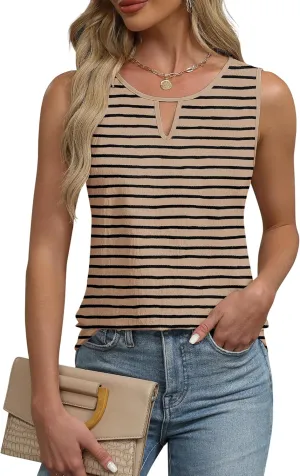 Anbech Women's Sleeveless Tank Tops Striped Print Summer Vest Casual Basic Tshirt